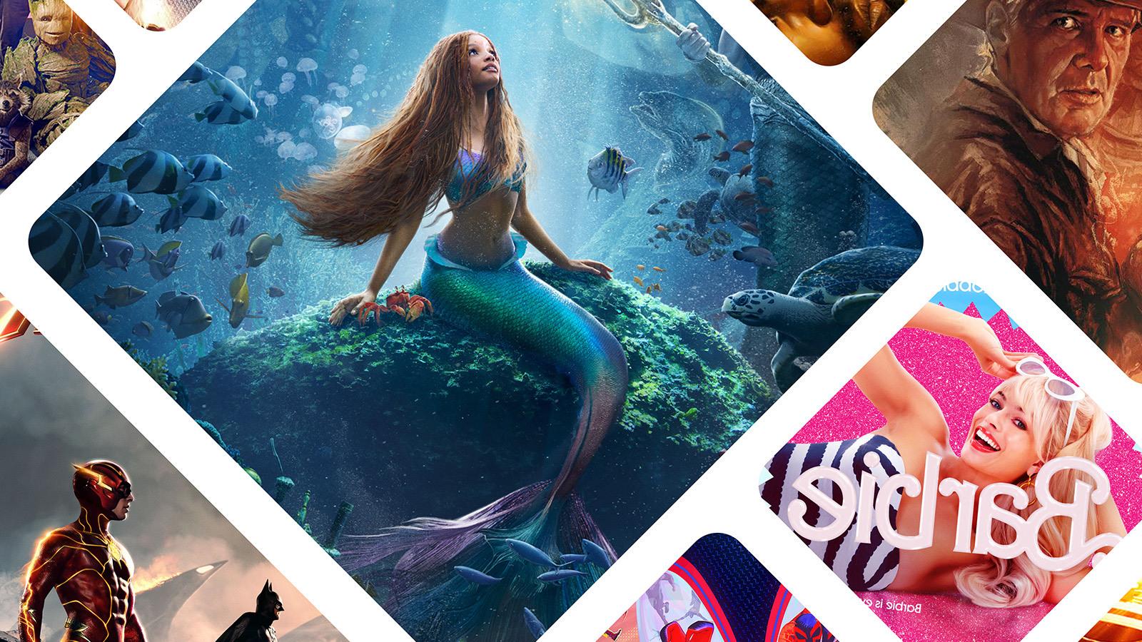 2023年夏季电影的马赛克图像, 包括《小美人鱼》,’ ‘Barbie,以及《夺宝奇兵:命运之盘》.'
