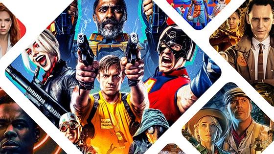 2021年夏天的电影海报:《太空大灌篮:新遗产》、《自杀小队》、《丛林巡航》和《洛基》.